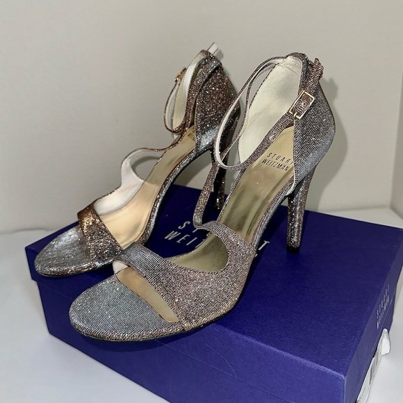 ✨STUART WEITZMAN Vixen Glitter Metallic Woven Strappy Sandals Pyrite Size 6.5 - Picture 5 of 16